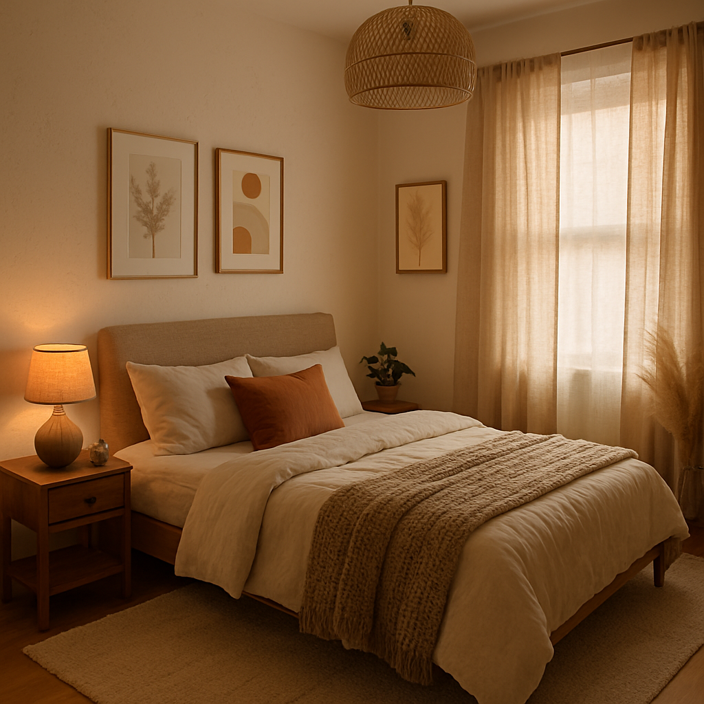 custom home bedroom design – modern master bedroom with warm lighting and elegant decor