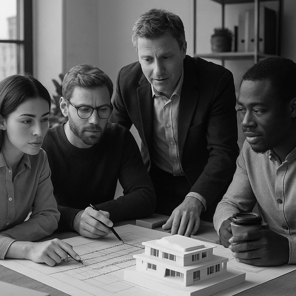 custom home building process – experts reviewing blueprints during planning stage