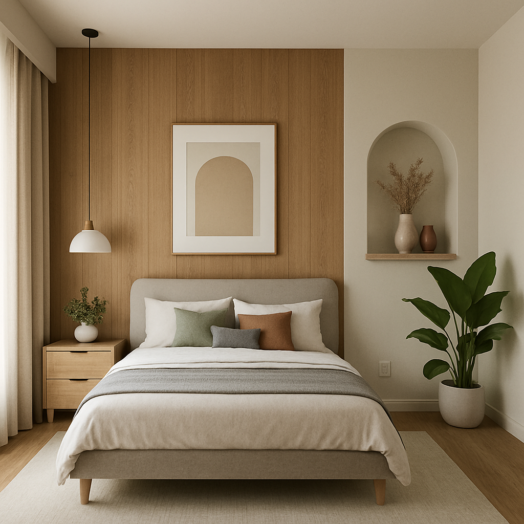 custom home bedroom design – modern organic bedroom with warm tones and natural decor accents