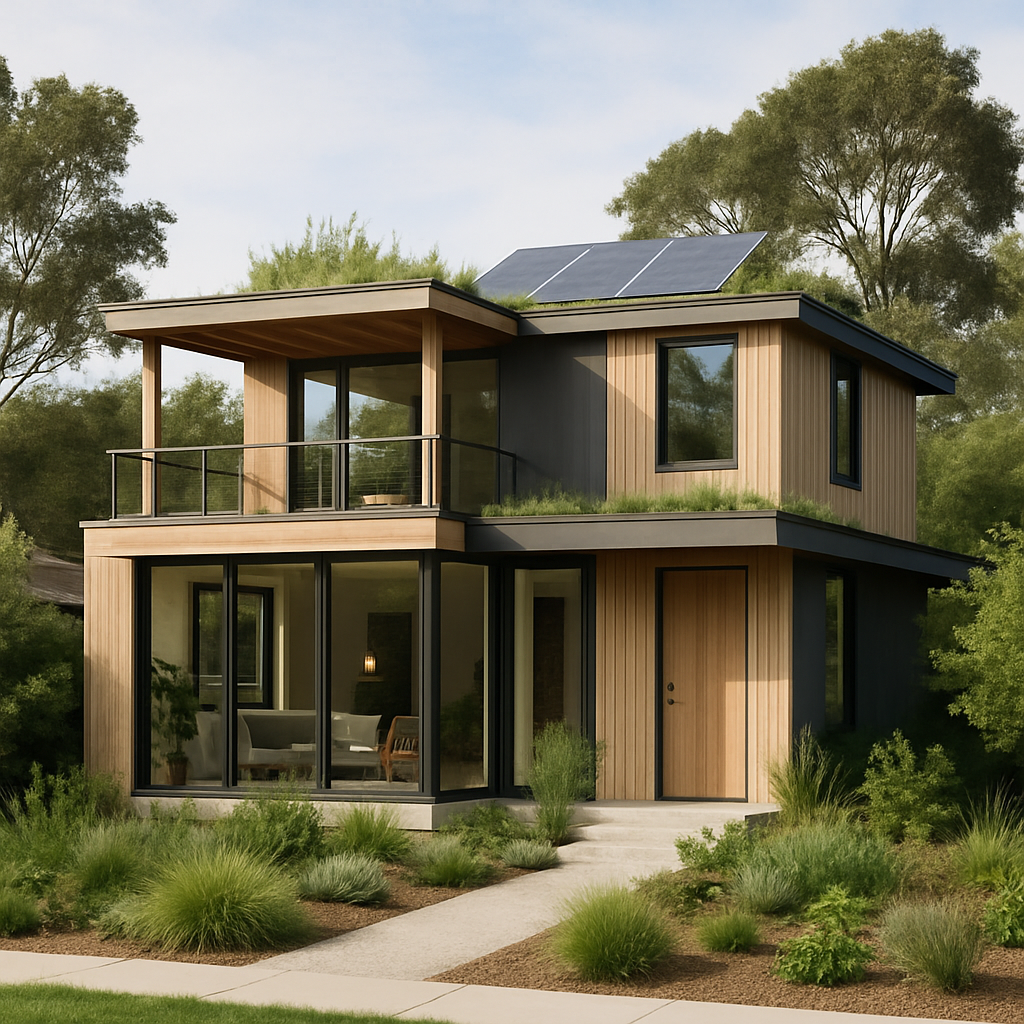energy efficient custom homes – modern house with solar panels and eco-friendly design