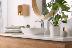 A modern bathroom sink with a white countertop and wood cabinetry in El Paso.
